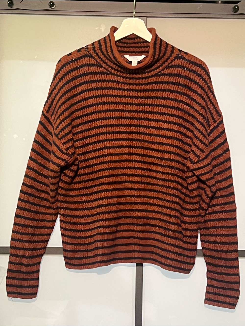Relaxed Brown Black Striped Funnel Neck Sweater L